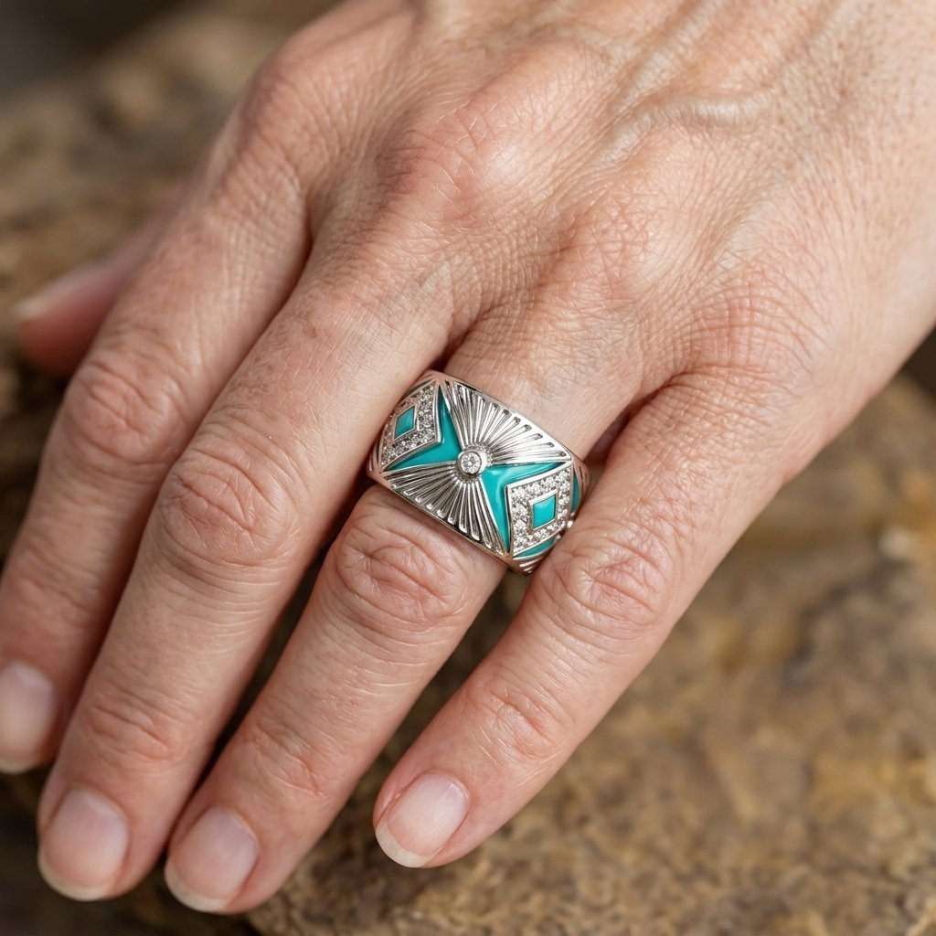 Anello Dichiarativo in Porcellana Blu Turchese Ampio