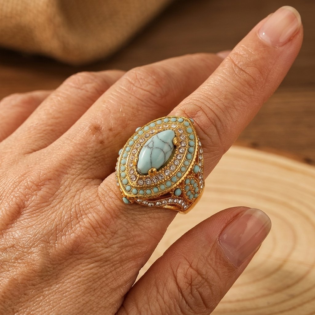 Anello di Lusso Bohemien Vintage in Gemma Sintetica Turchese