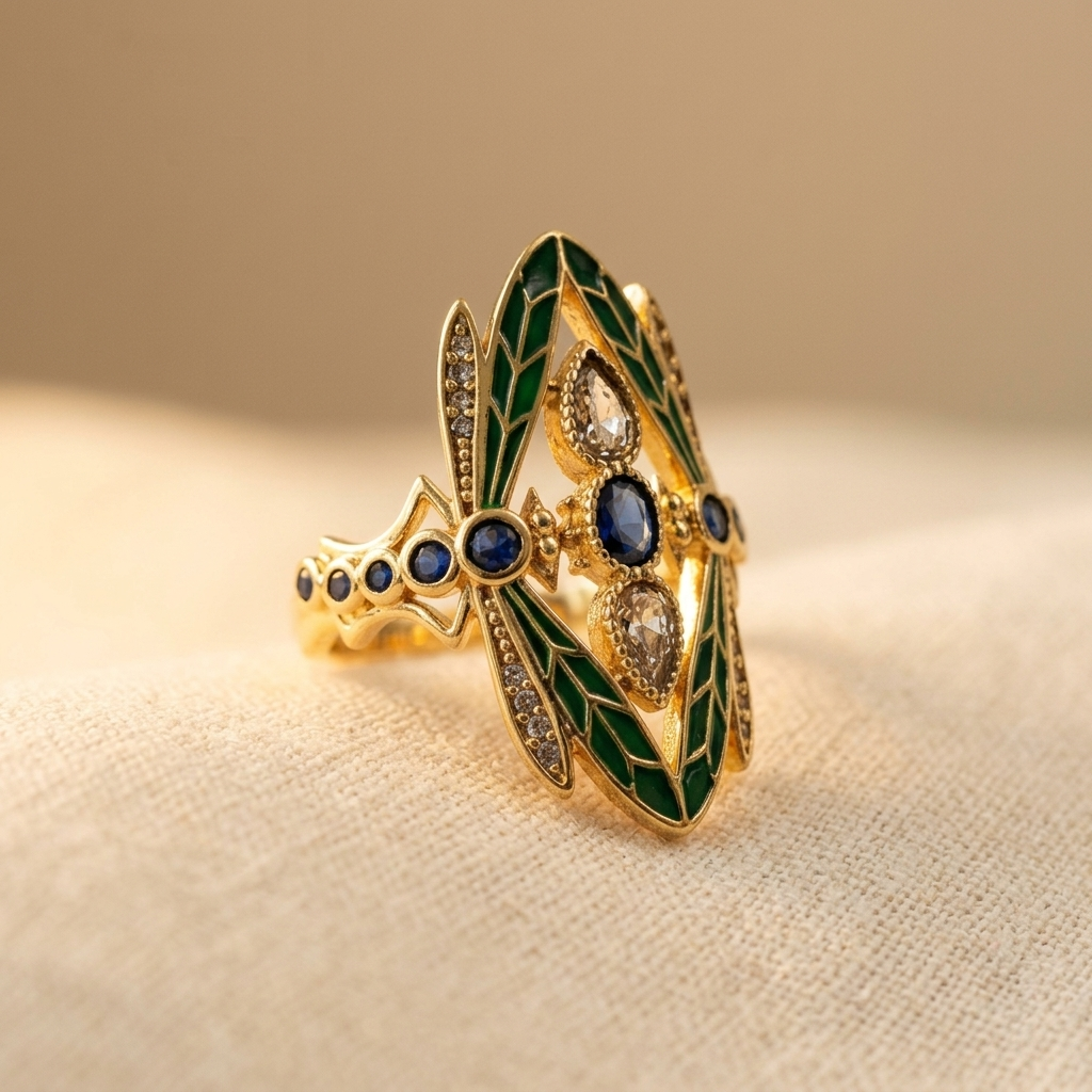 Anello in zirconia placcato oro a forma di libellula in stile Art Nouveau