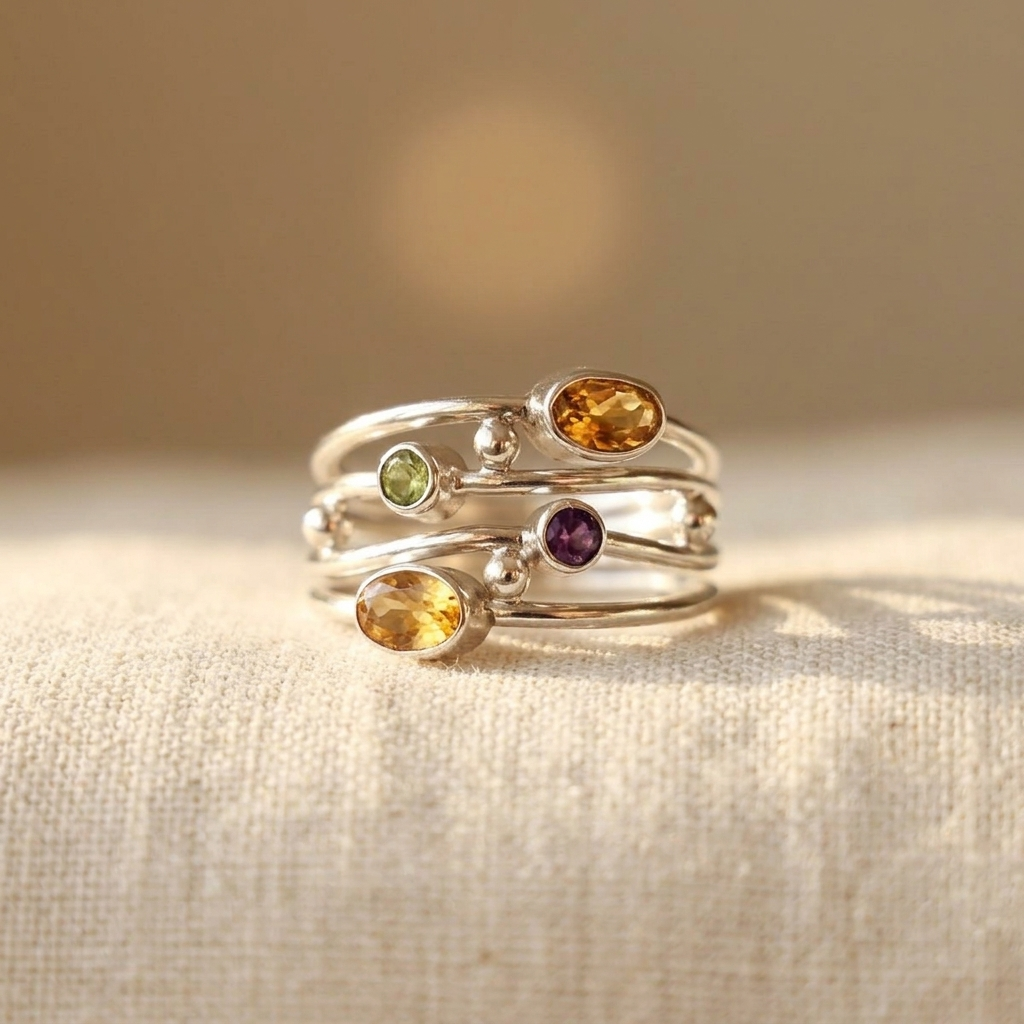 Anello Impilabile in Gemme Multicolore Bohemien