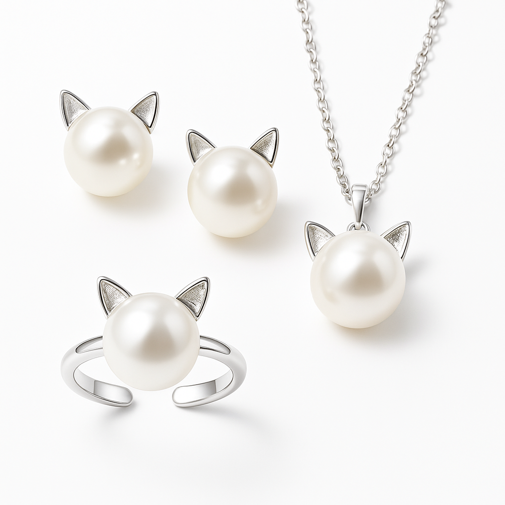 Bellissimo Collana con Gatto di Perla con Orecchini e Anello in Omaggio