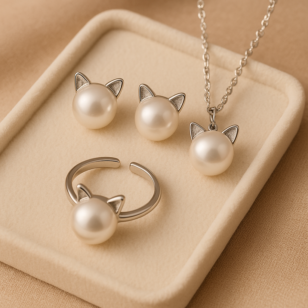 Bellissimo Collana con Gatto di Perla con Orecchini e Anello in Omaggio