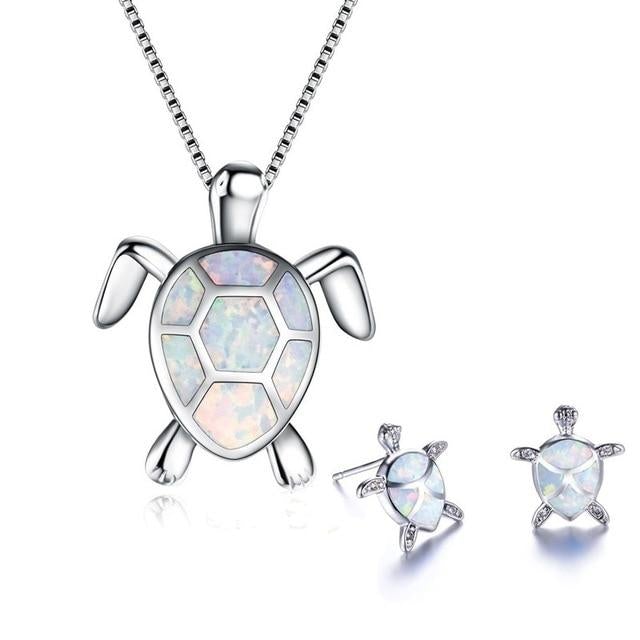 Collana e Orecchini a Tema Tartaruga Marina in Opale e Argento