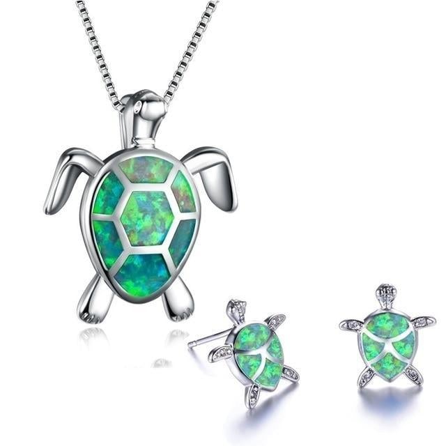 Collana e Orecchini a Tema Tartaruga Marina in Opale e Argento