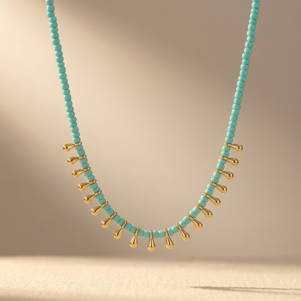 Collana di Perline a Goccia in Turchese e Oro Boho