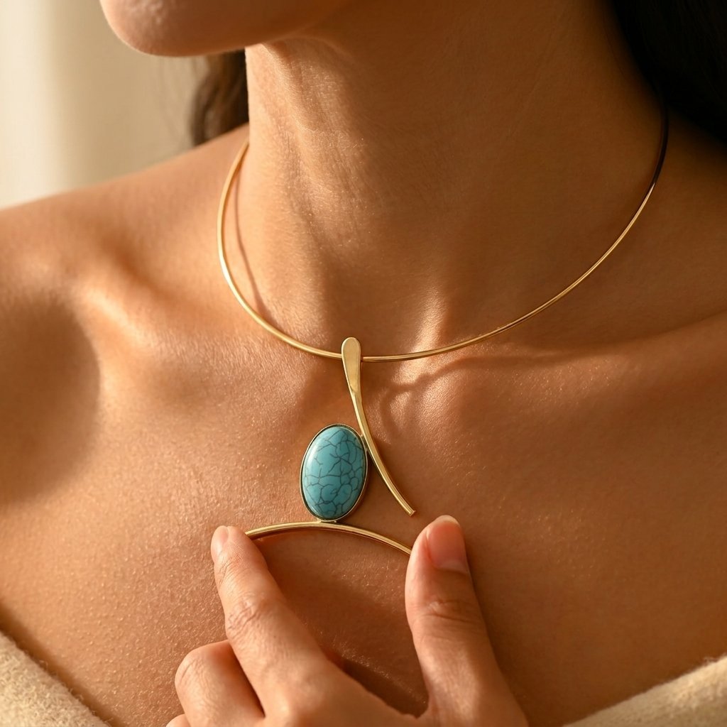Collana con Pendente Ovale in Turchese e Oro Boho