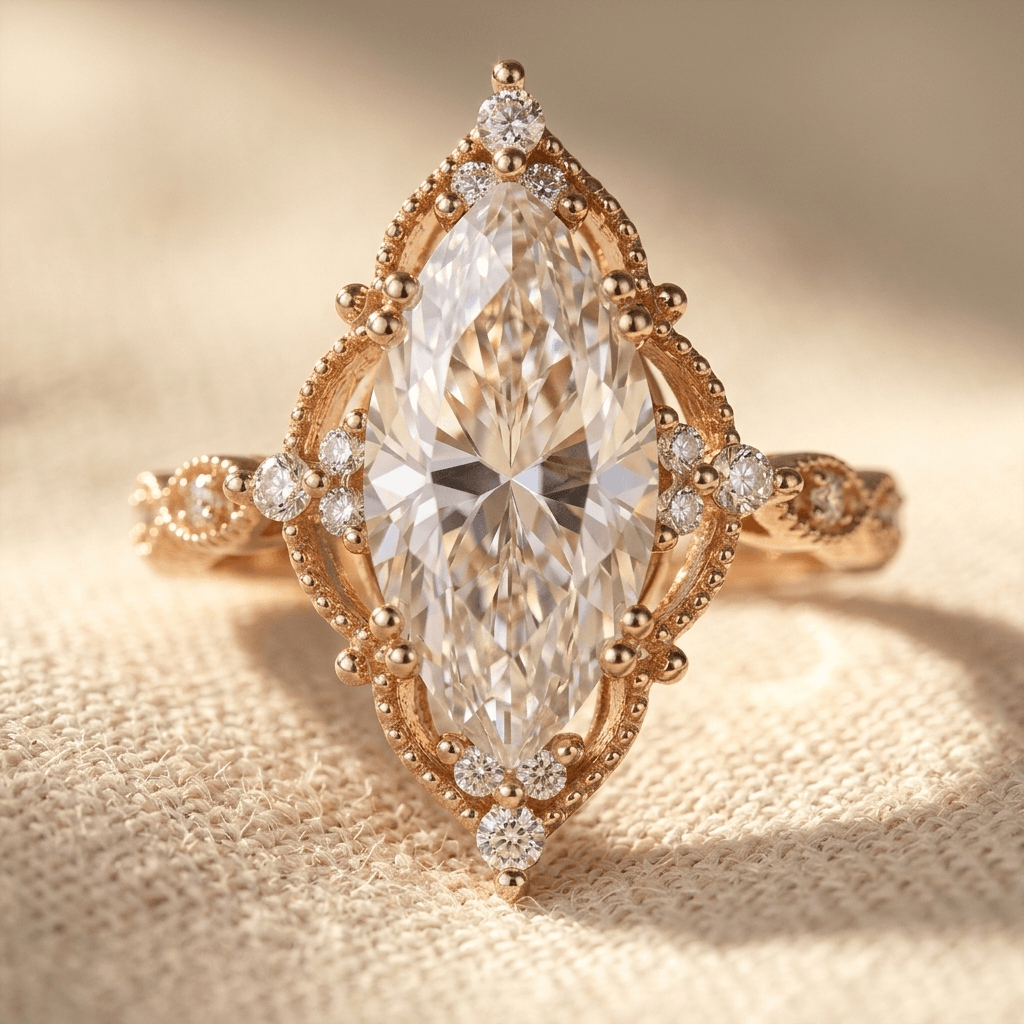 Anello in Quarzo Rosa Marquise Vintage Bohemien in Rame