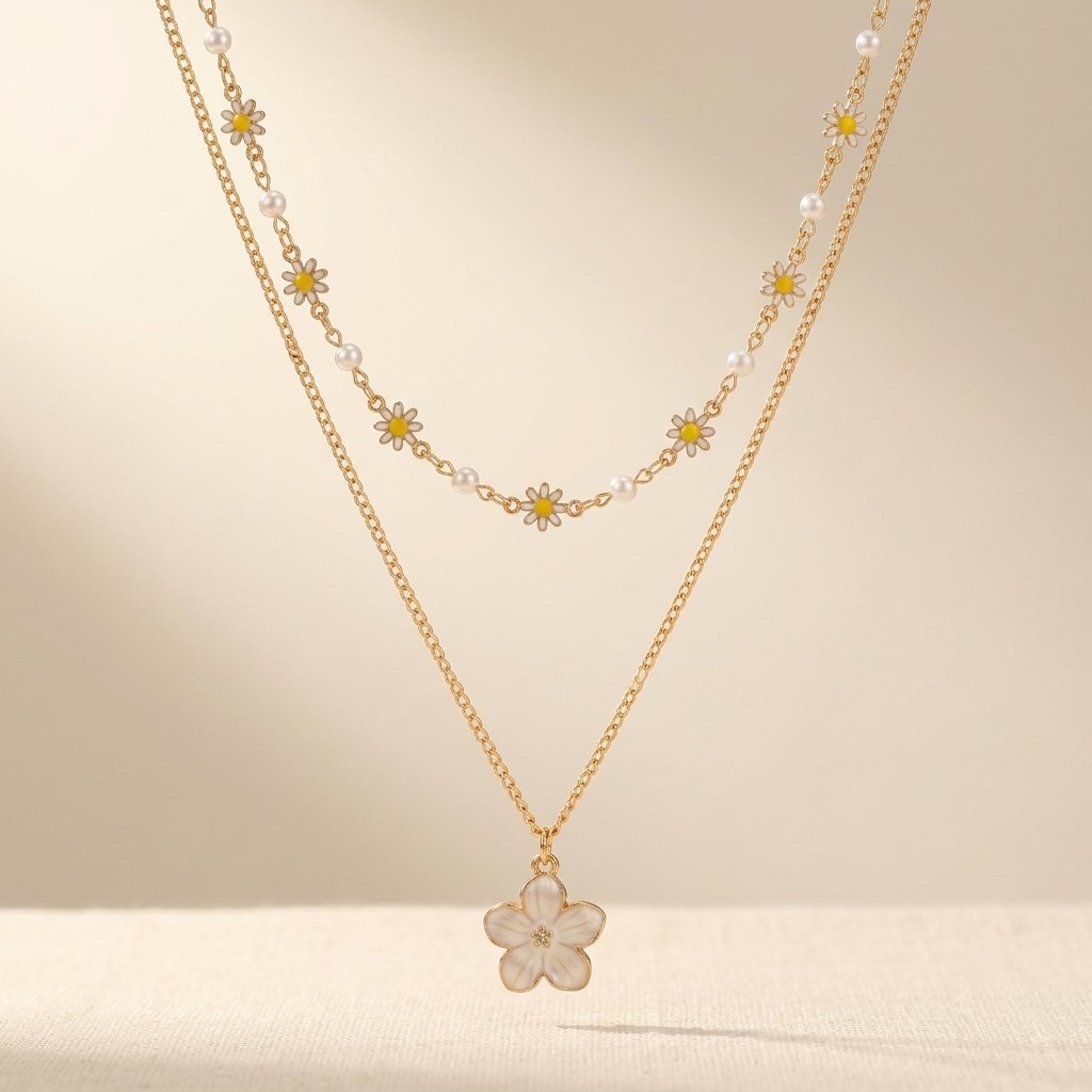 Collana Boho Oro a Strati con Fiore di Margherita