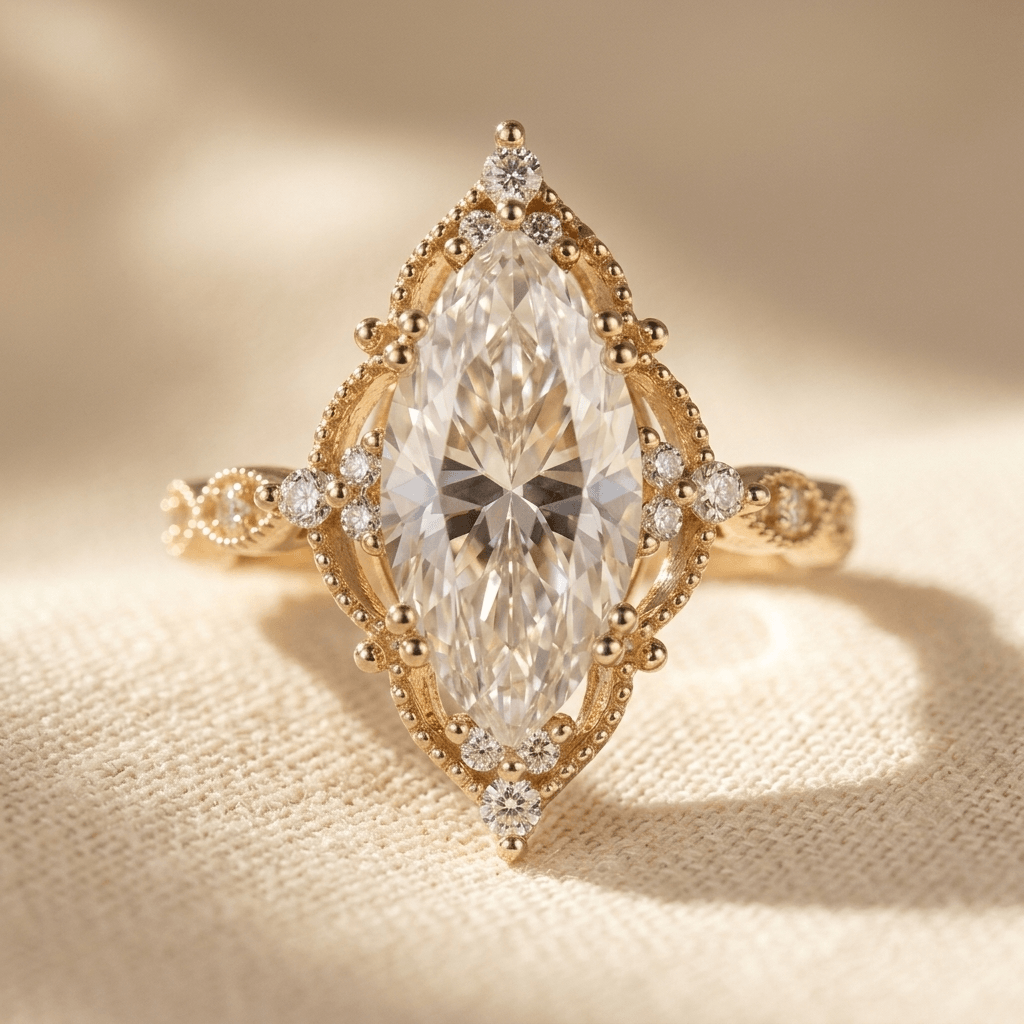 Anello in Quarzo Rosa Marquise Vintage Bohemien in Rame