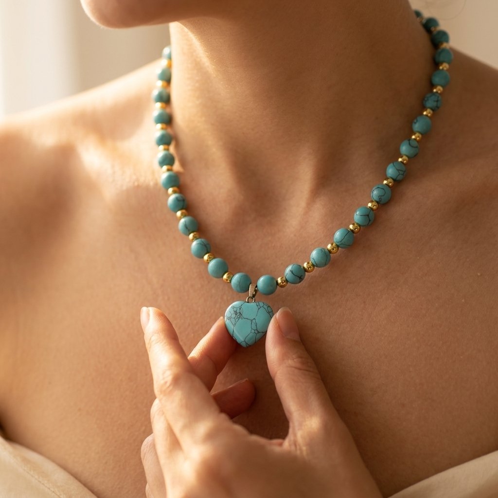 Collana di Perline a Cuore in Turchese e Oro Boho