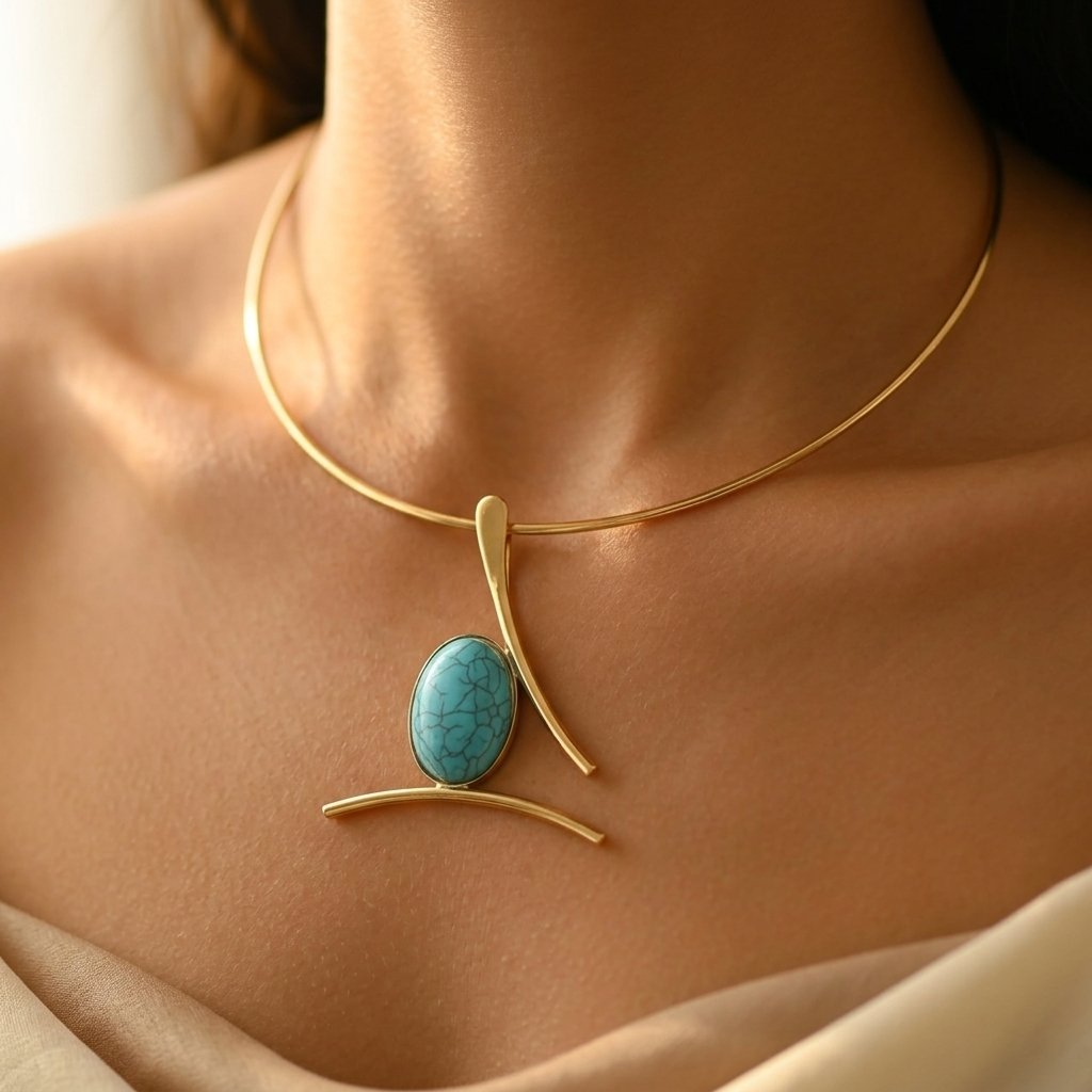 Collana con Pendente Ovale in Turchese e Oro Boho
