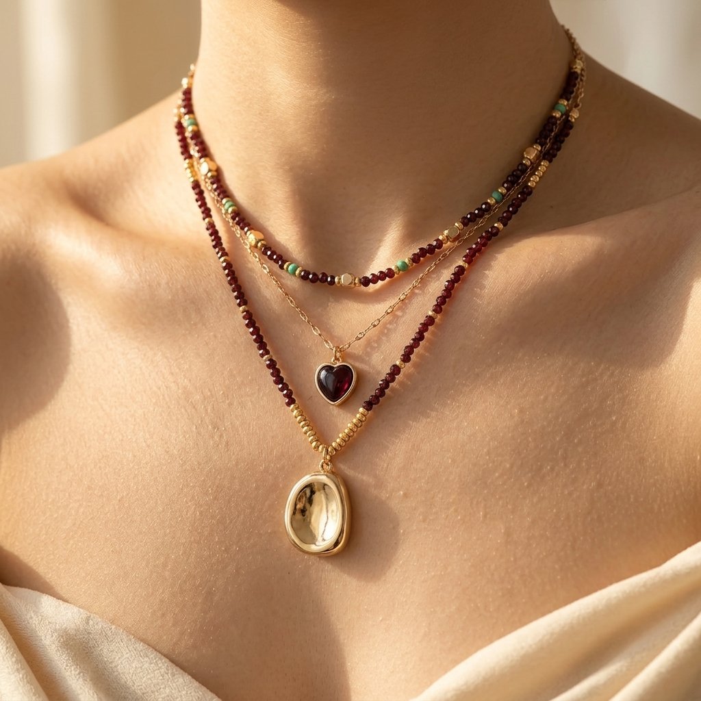 Collana a strati con cuore in granato dorato Boho