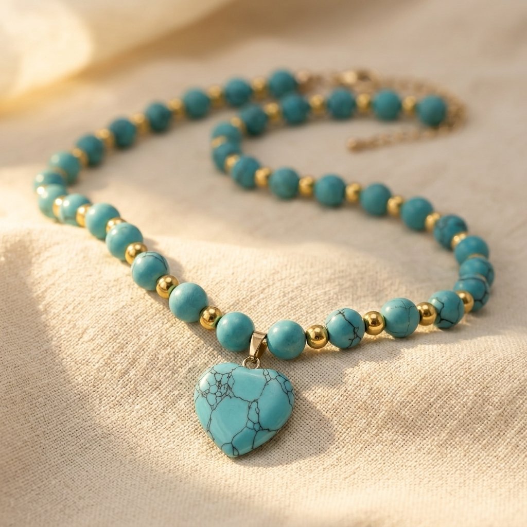Collana di Perline a Cuore in Turchese e Oro Boho