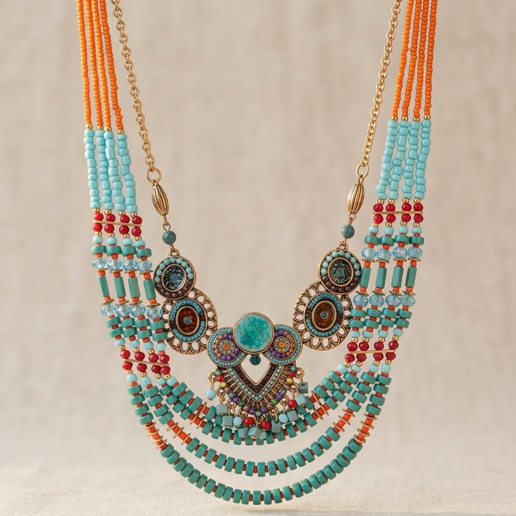 Collana a strati di perline turchesi in stile bohemien