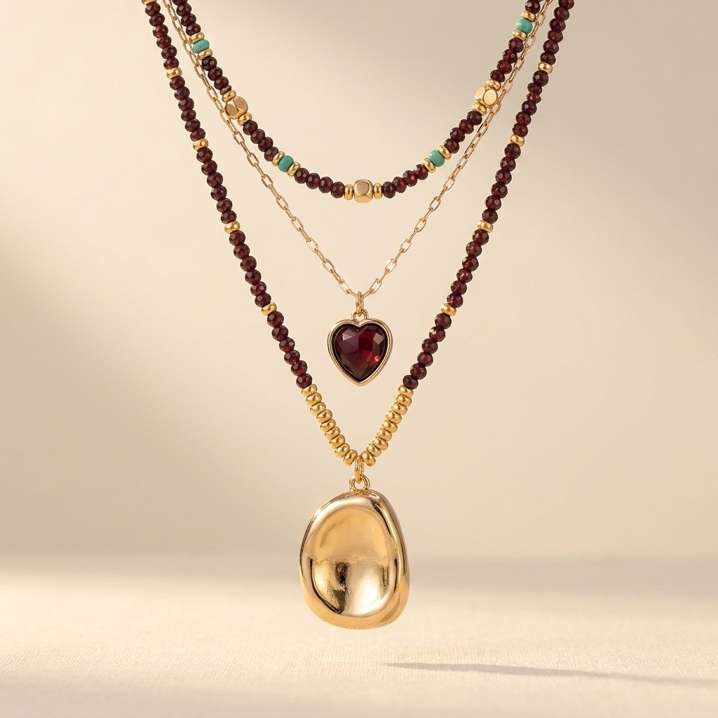 Collana a strati con cuore in granato dorato Boho