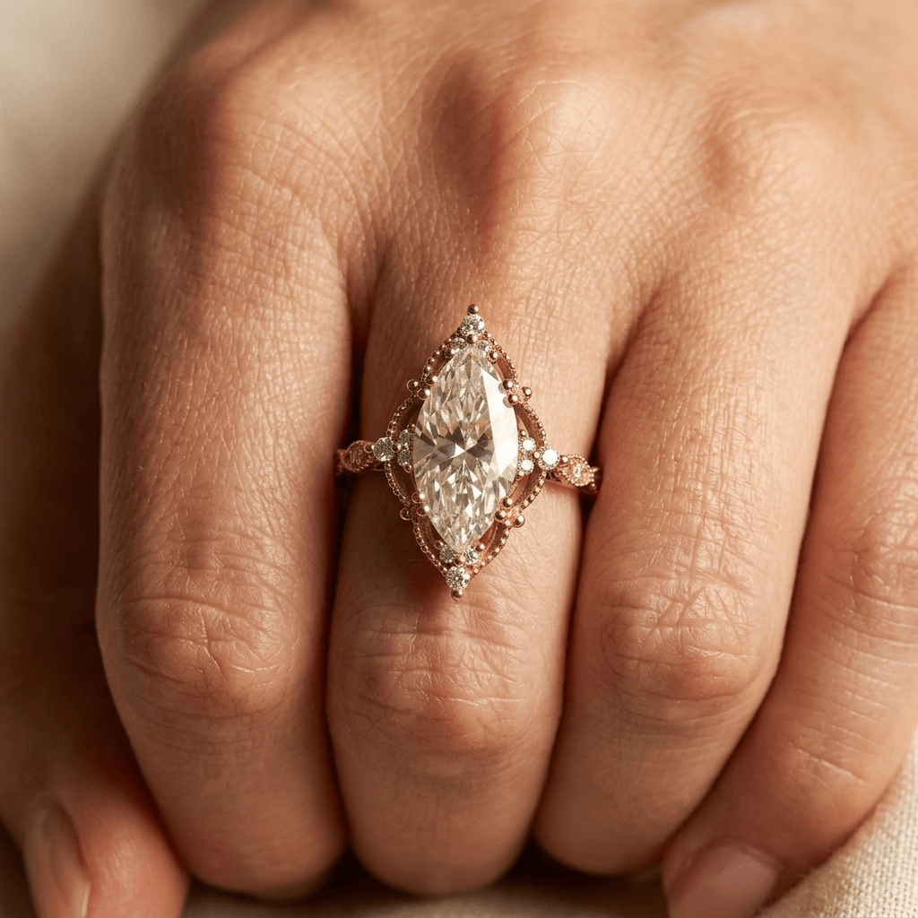 Anello in Quarzo Rosa Marquise Vintage Bohemien in Rame