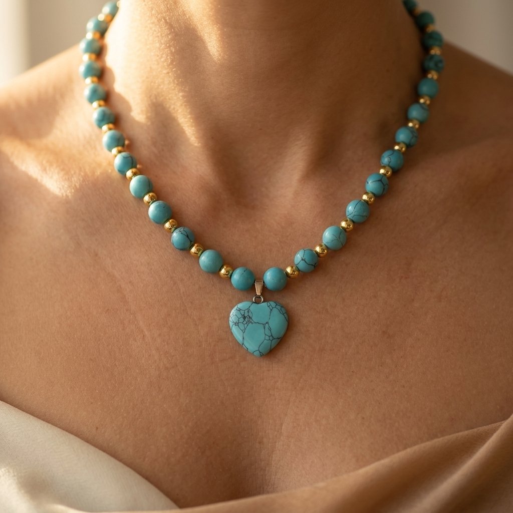 Collana di Perline a Cuore in Turchese e Oro Boho