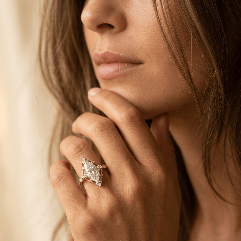 Anello in Quarzo Rosa Marquise Vintage Bohemien in Rame