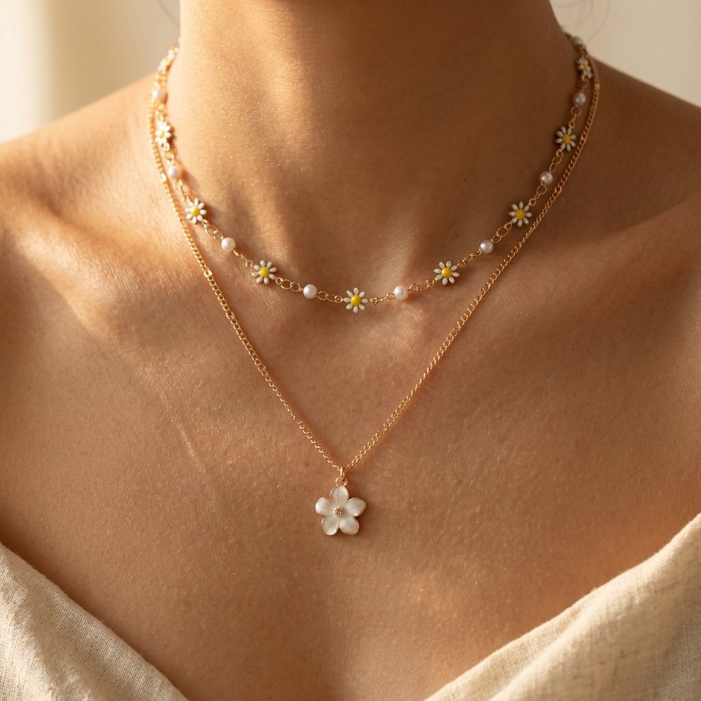 Collana Boho Oro a Strati con Fiore di Margherita