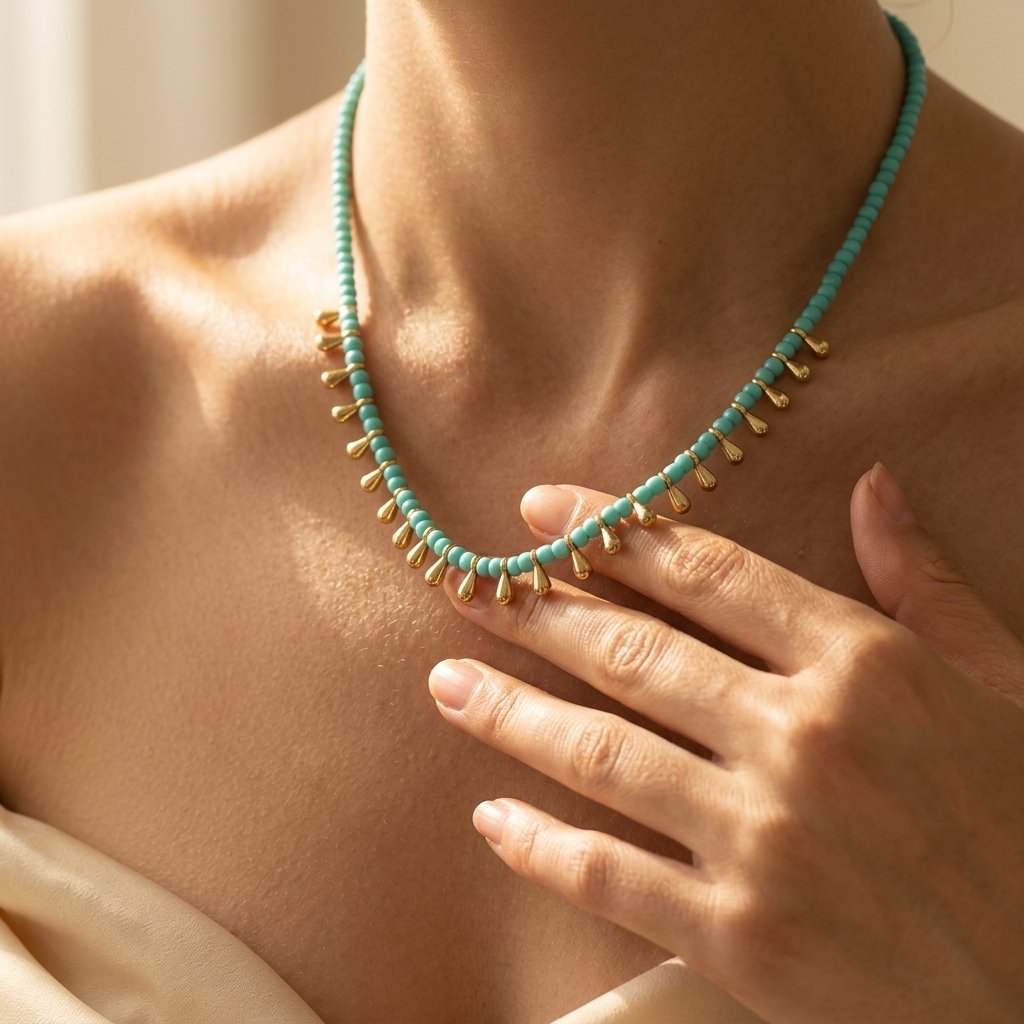 Collana di Perline a Goccia in Turchese e Oro Boho