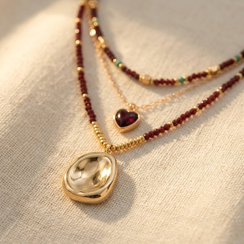 Collana a strati con cuore in granato dorato Boho