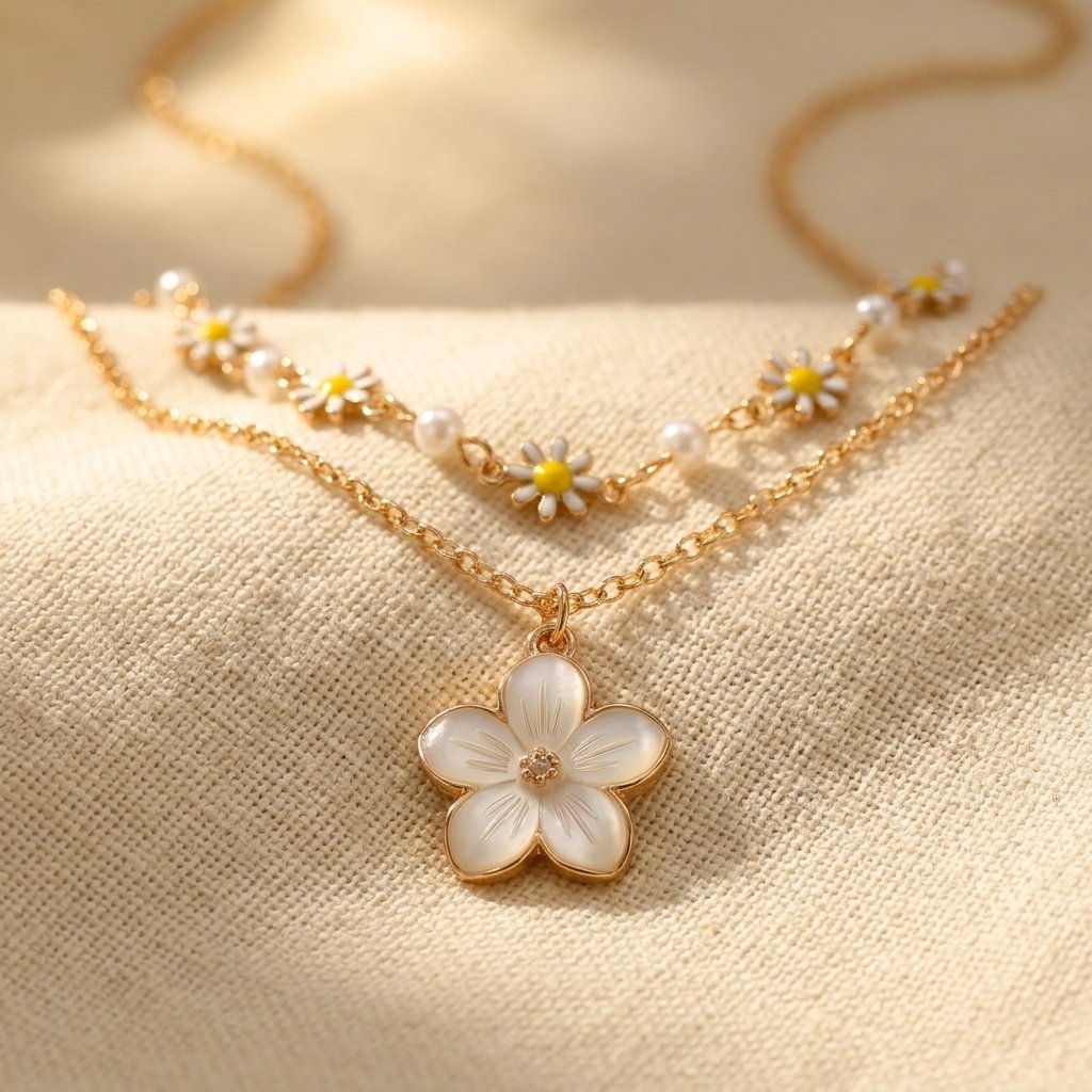 Collana Boho Oro a Strati con Fiore di Margherita