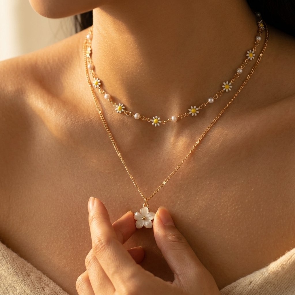 Collana Boho Oro a Strati con Fiore di Margherita