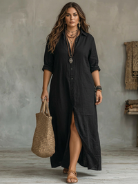 Alessora™ - Maxi Abito Nero Aderente con Bottoni