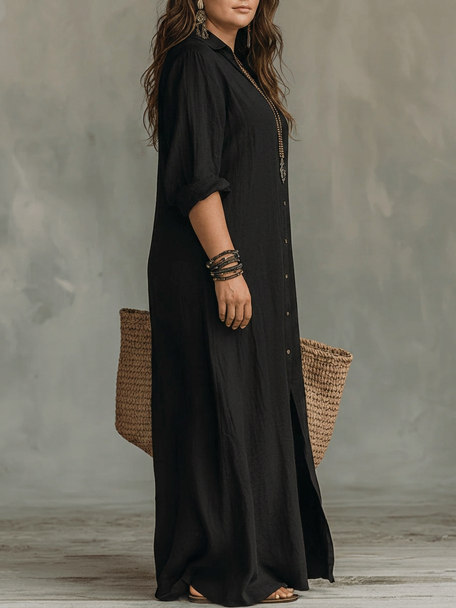 Alessora™ - Maxi Abito Nero Aderente con Bottoni