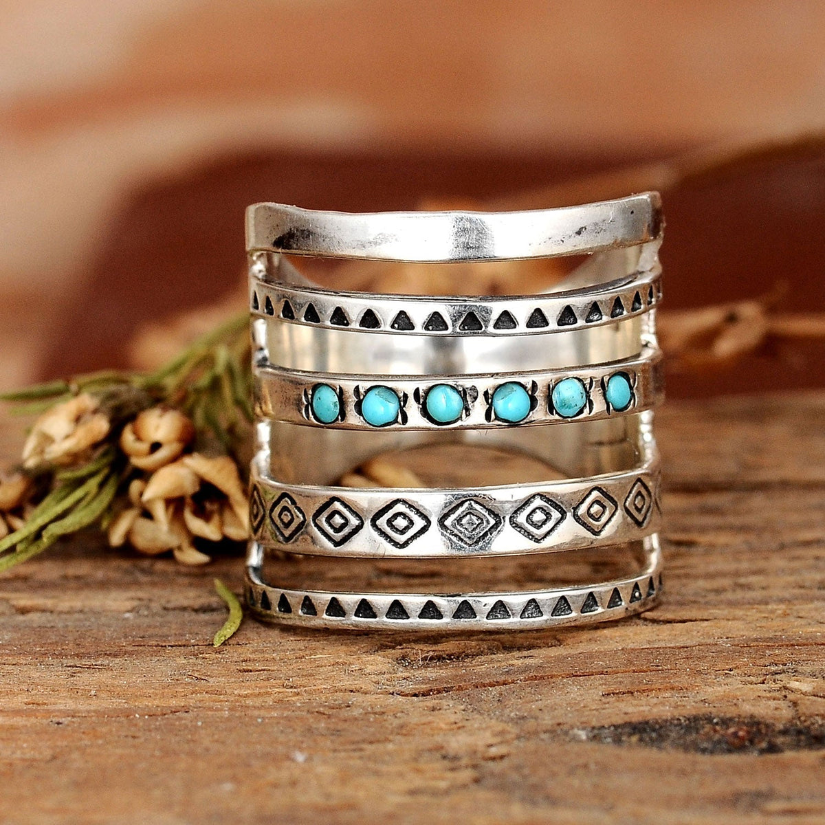 Anello in Argento con Banda Larga Bohemien Azteca Turchese