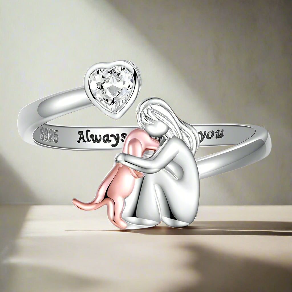 Anello Regolabile per Cani in Argento Sterling 925 – “Sempre nel Mio Cuore” con Zirconia